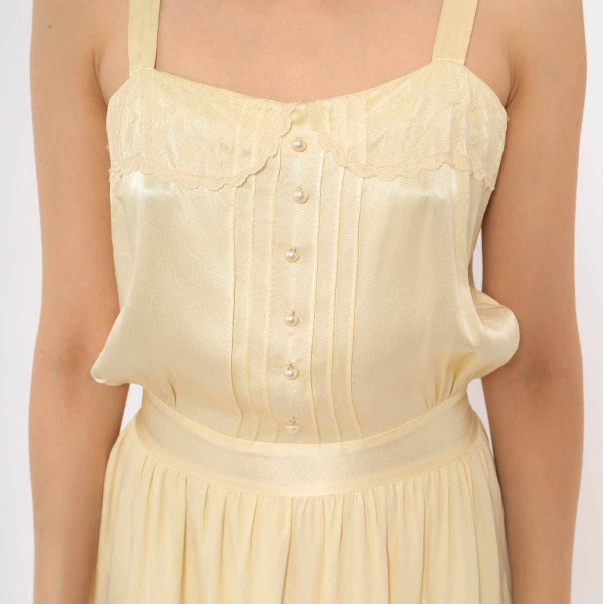 70s Gunne Sax Maxi Dress Cream Satin Lace Pearl Button Spaghetti Strap Medium M