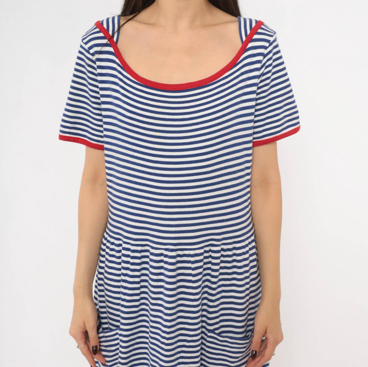 90s Talbots Striped Cotton Maxi Dress Cobalt Blue White Red Trim Large L