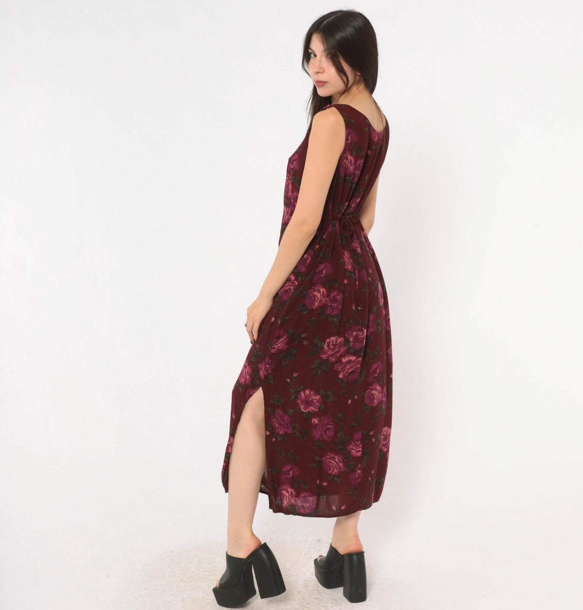90s Chadwick's Burgundy Floral Midi Dress Sleeveless Tie Back Medium M