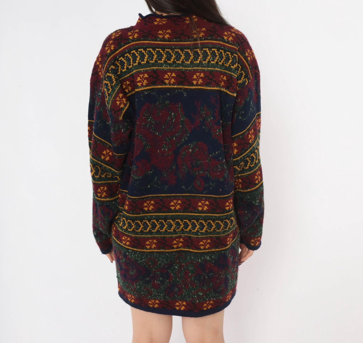 90s Colter Bay Sweater Dress Burgundy Navy Floral Fair Isle Mock Neck Medium