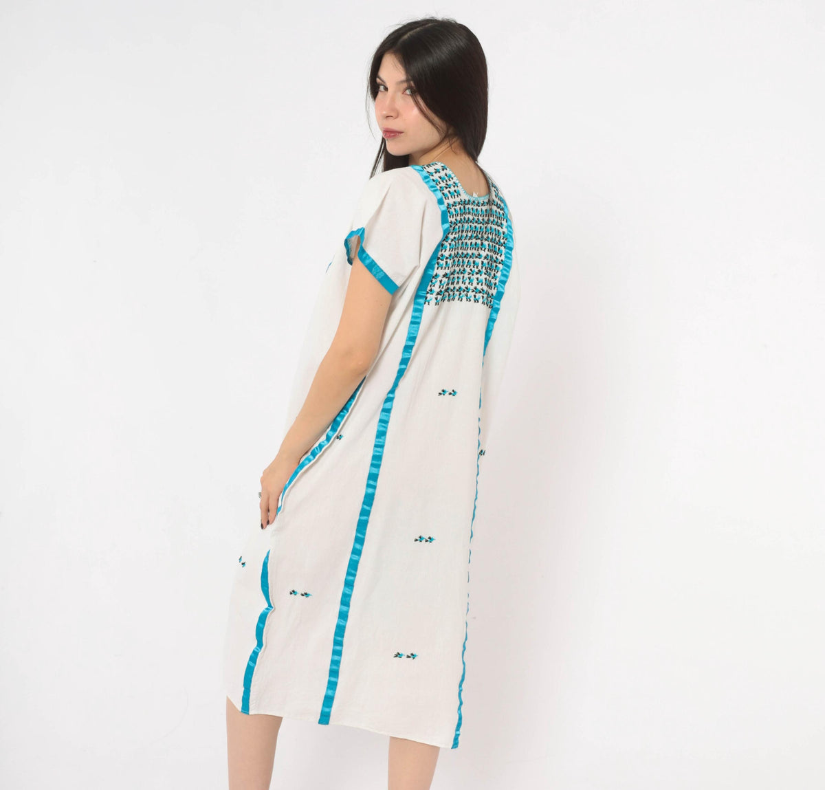 90s White Cotton Midi Dress Turquoise Embroidered Floral Bib Yoke Medium M