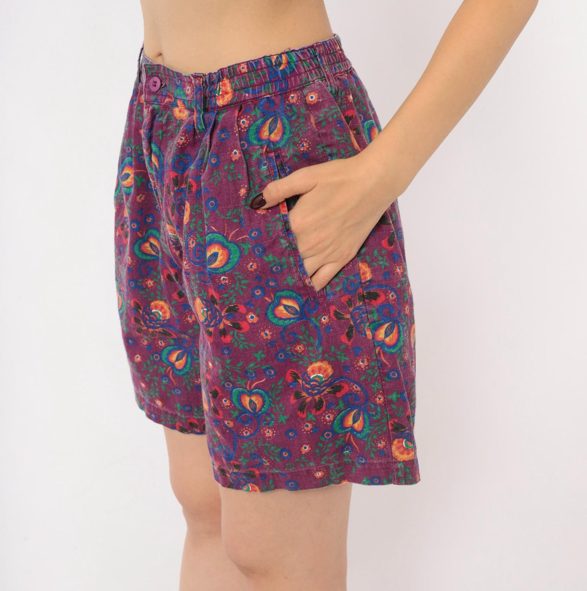 90s Gitano Purple Floral Linen Shorts High Waist Pleated Wide Leg Small