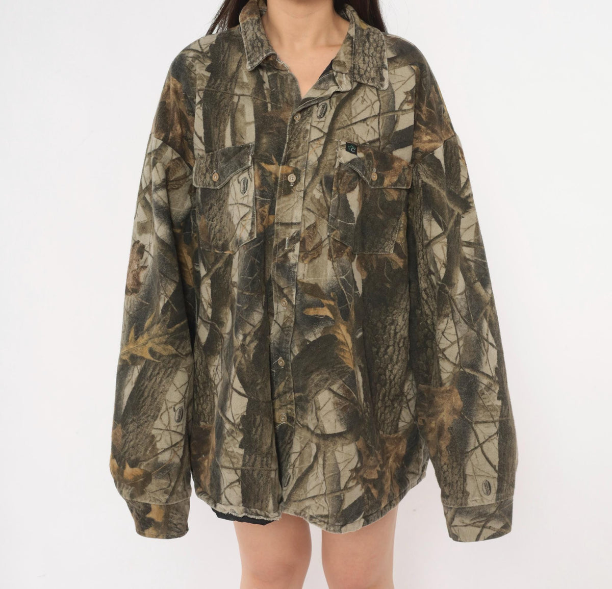 90s Realtree Camo Button Shirt Grey Brown Tree Leaf Print Shacket XXL