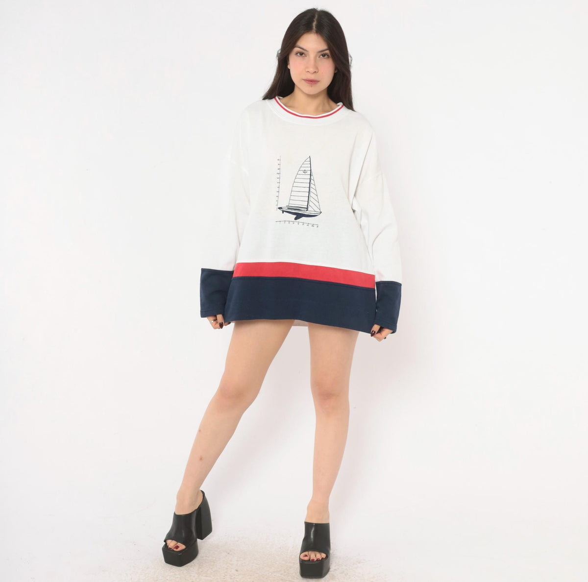 90s Kini Sailboat Embroidered Crewneck Sweatshirt White Navy Cotton Extra Large XXL