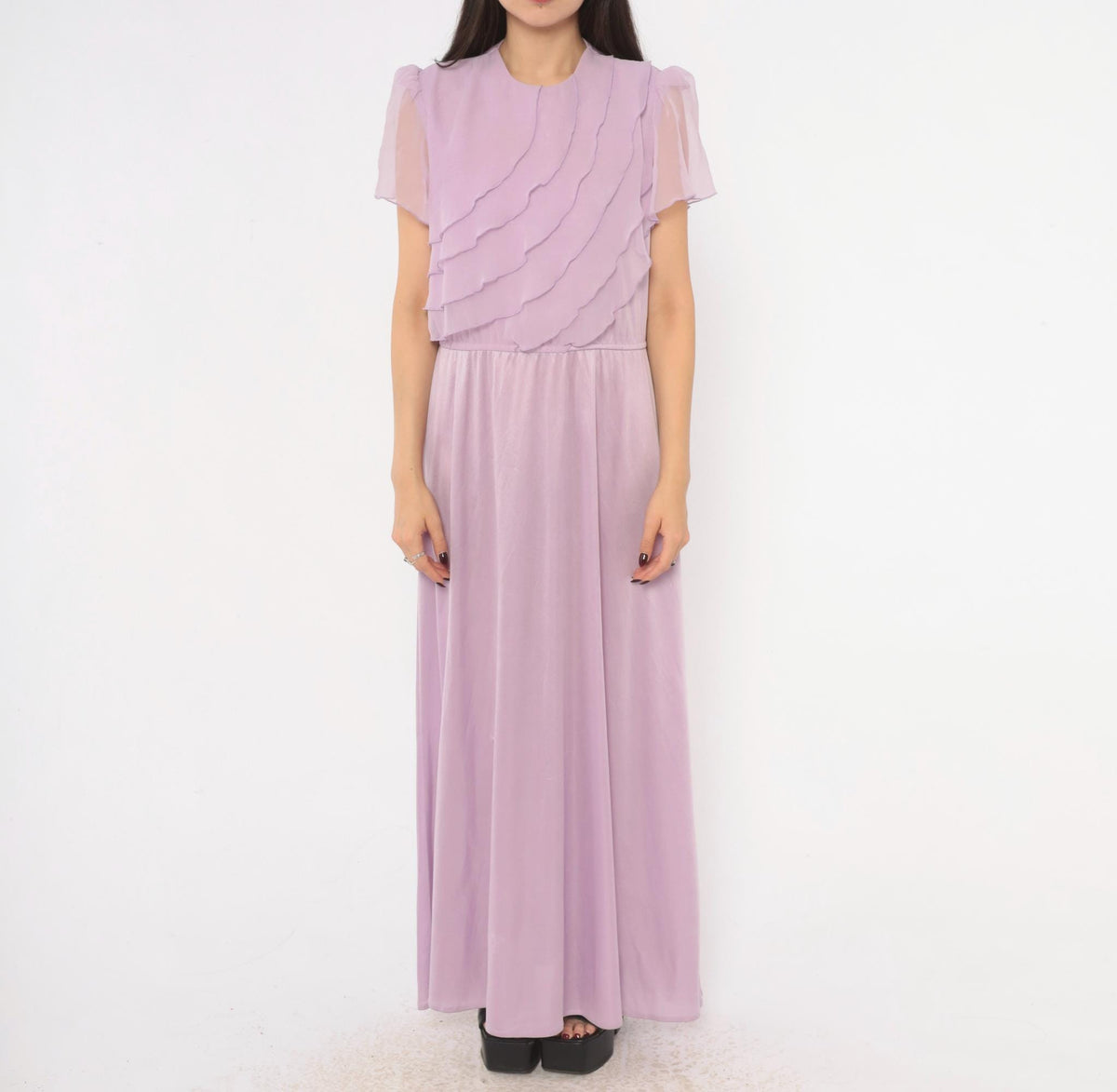 70s Lilac Chiffon Maxi Dress Flutter Sleeve A-Line Purple Pastel Large L
