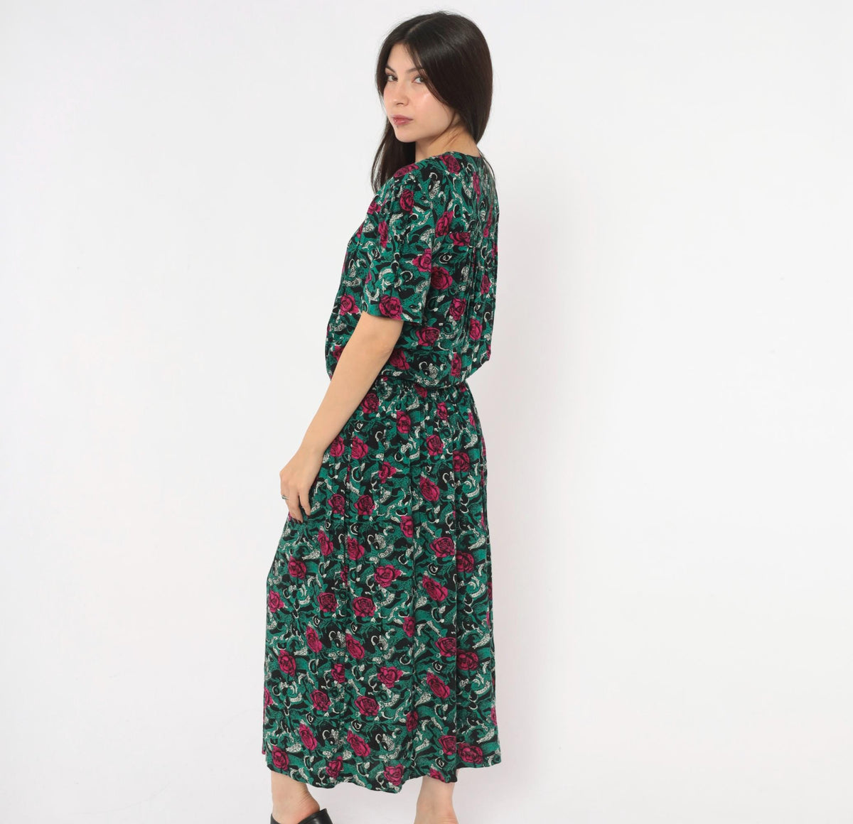 90s Virgo II Rose Print Maxi Dress Teal Pink Button Front Medium