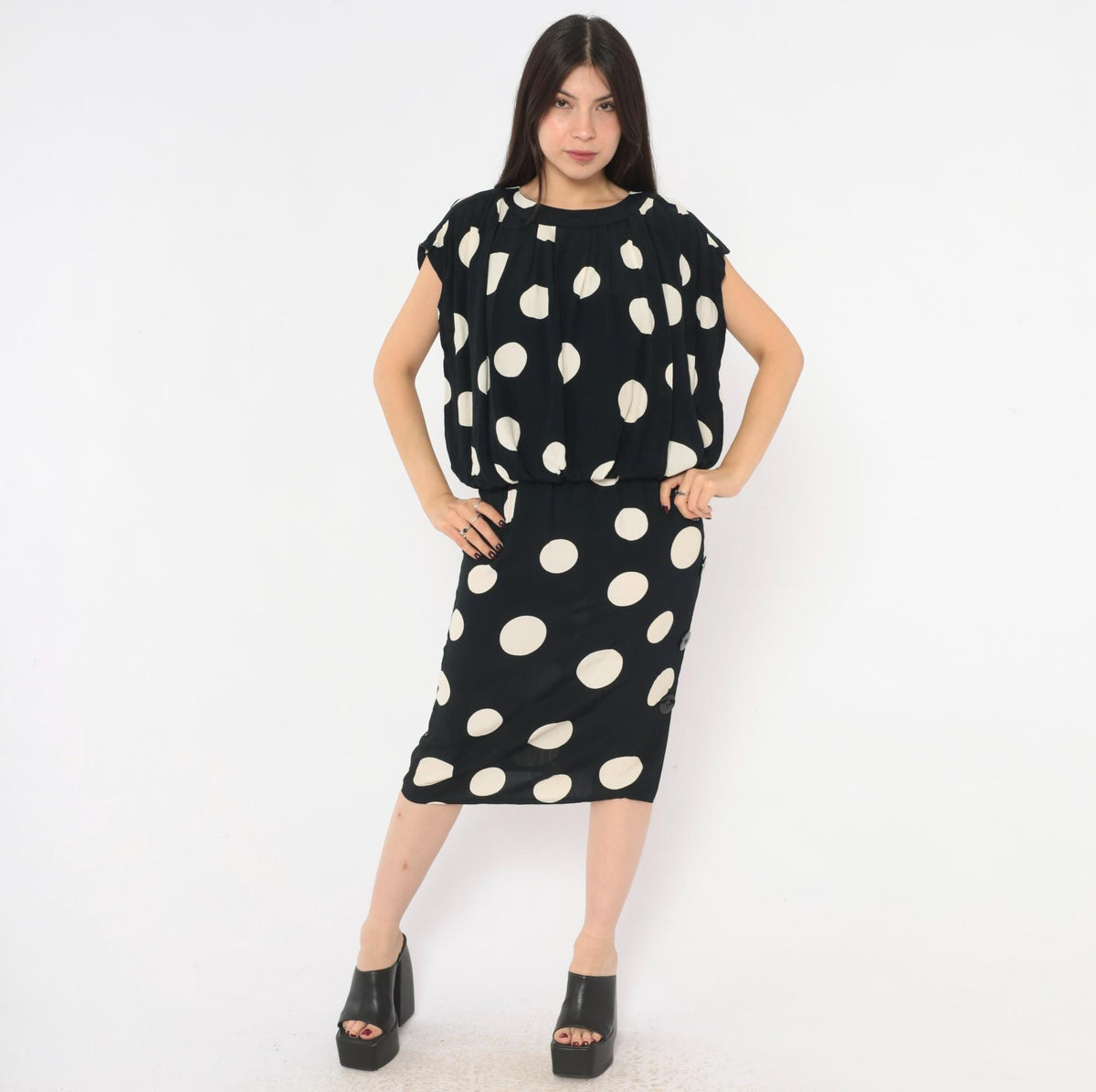 90s Chetta B Polka Dot Midi Dress Black Cream Cap Sleeve Small S