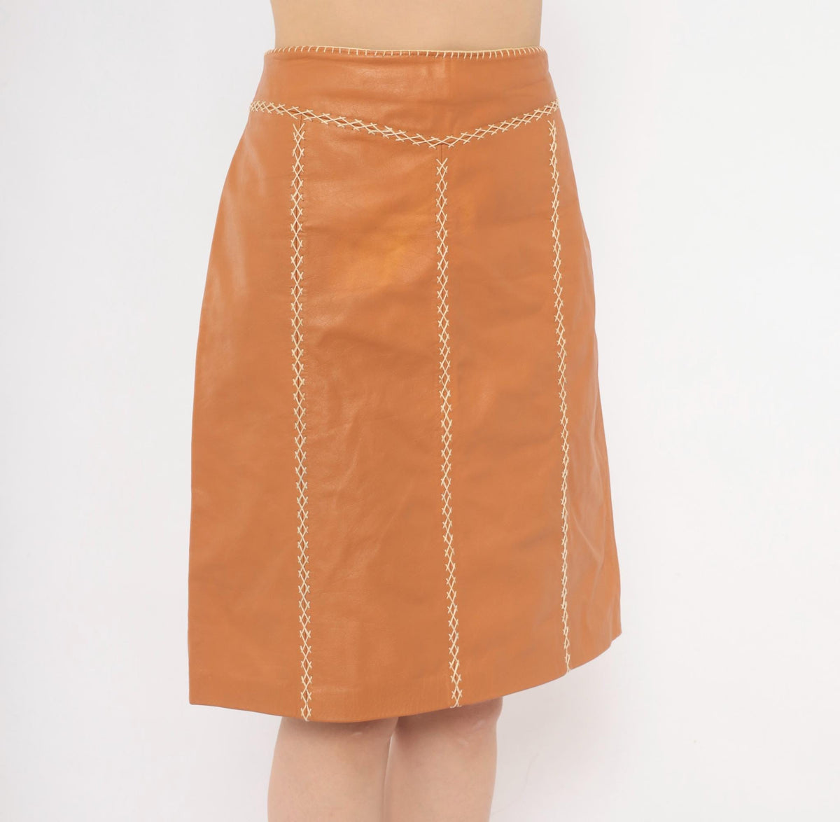 Y2K GAP Tan Leather A-Line Skirt Whipstitch Cream Stitching Small S