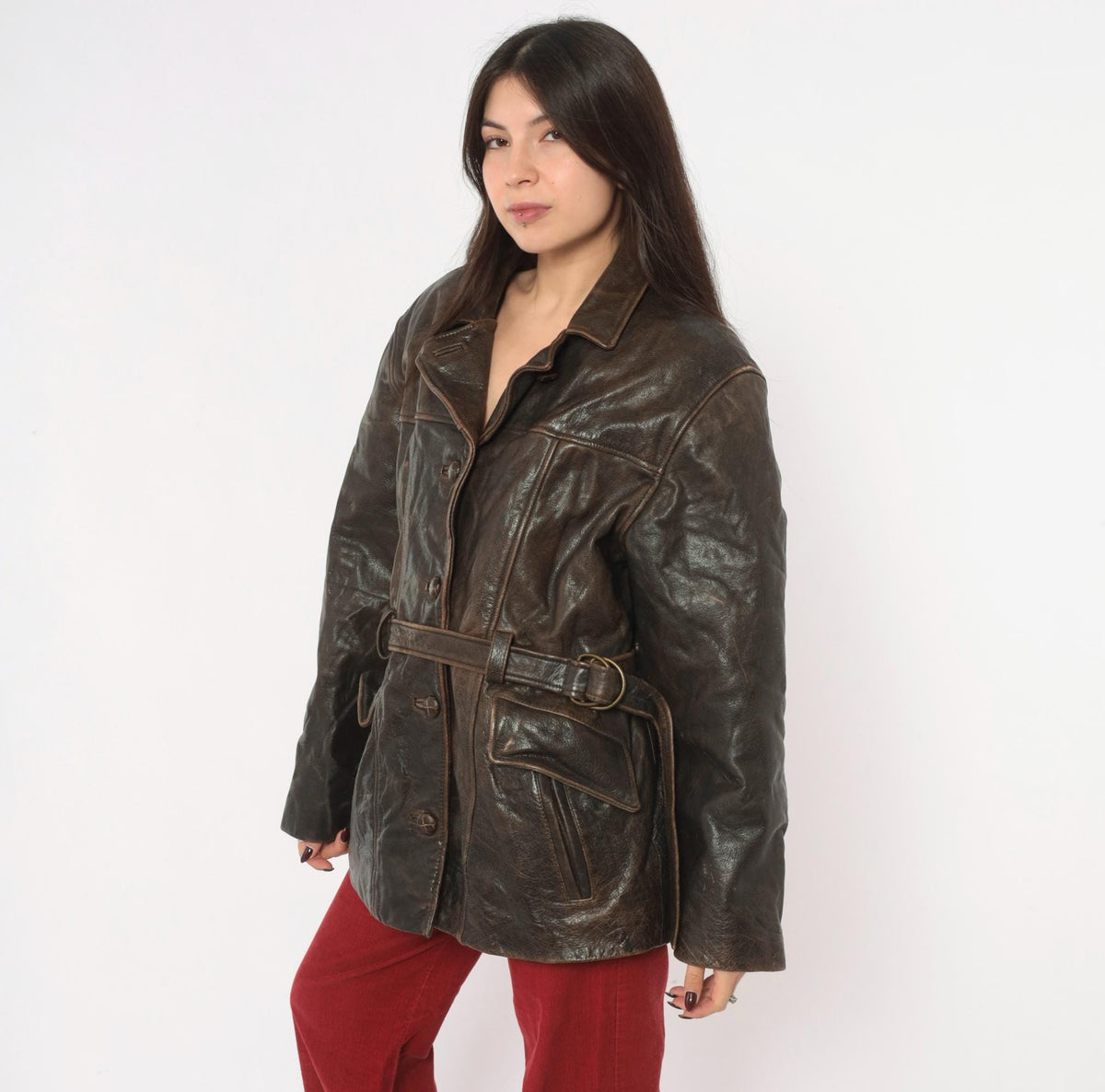 90s Oakwood Brown Leather Jacket Belted Waist Button Front Moto Large
