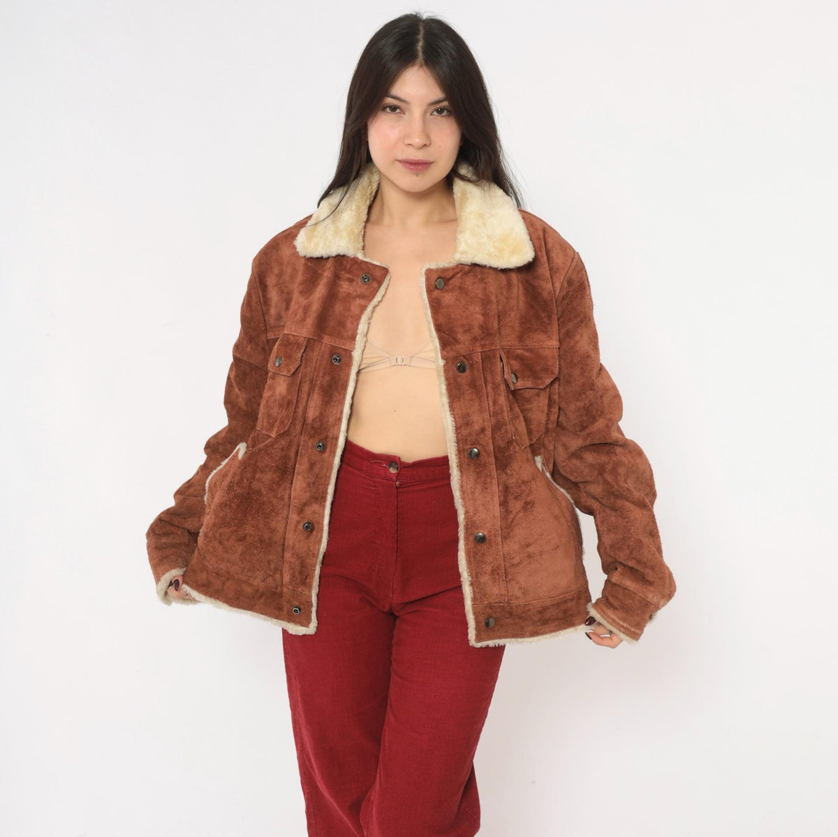 70s Grande Bay Brown Suede Trucker Jacket Shearling Lined Medium