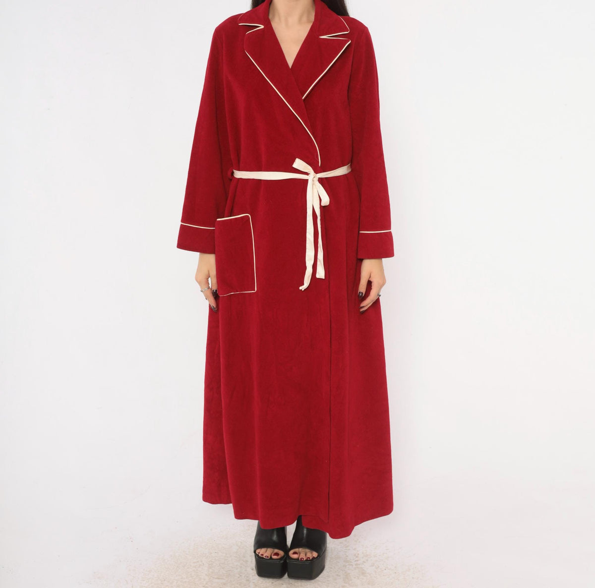 80s Kayser Red Wrap Robe Maxi Dressing Gown White Piping Medium M