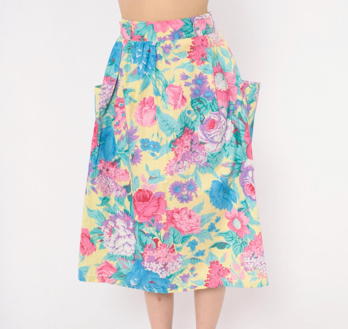 80s Lanzetta Sport Floral Midi Skirt Pink Rose Yellow Cotton High Waist Medium