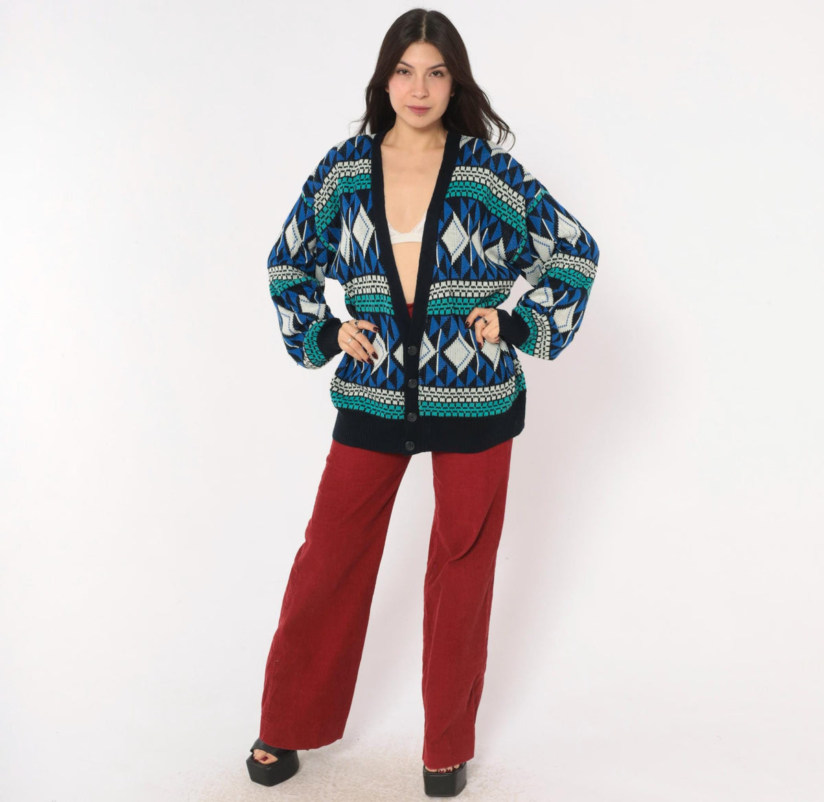 90s Sun Set High Way Geometric Knit Cardigan Navy Teal Diamond Fair Isle Large L