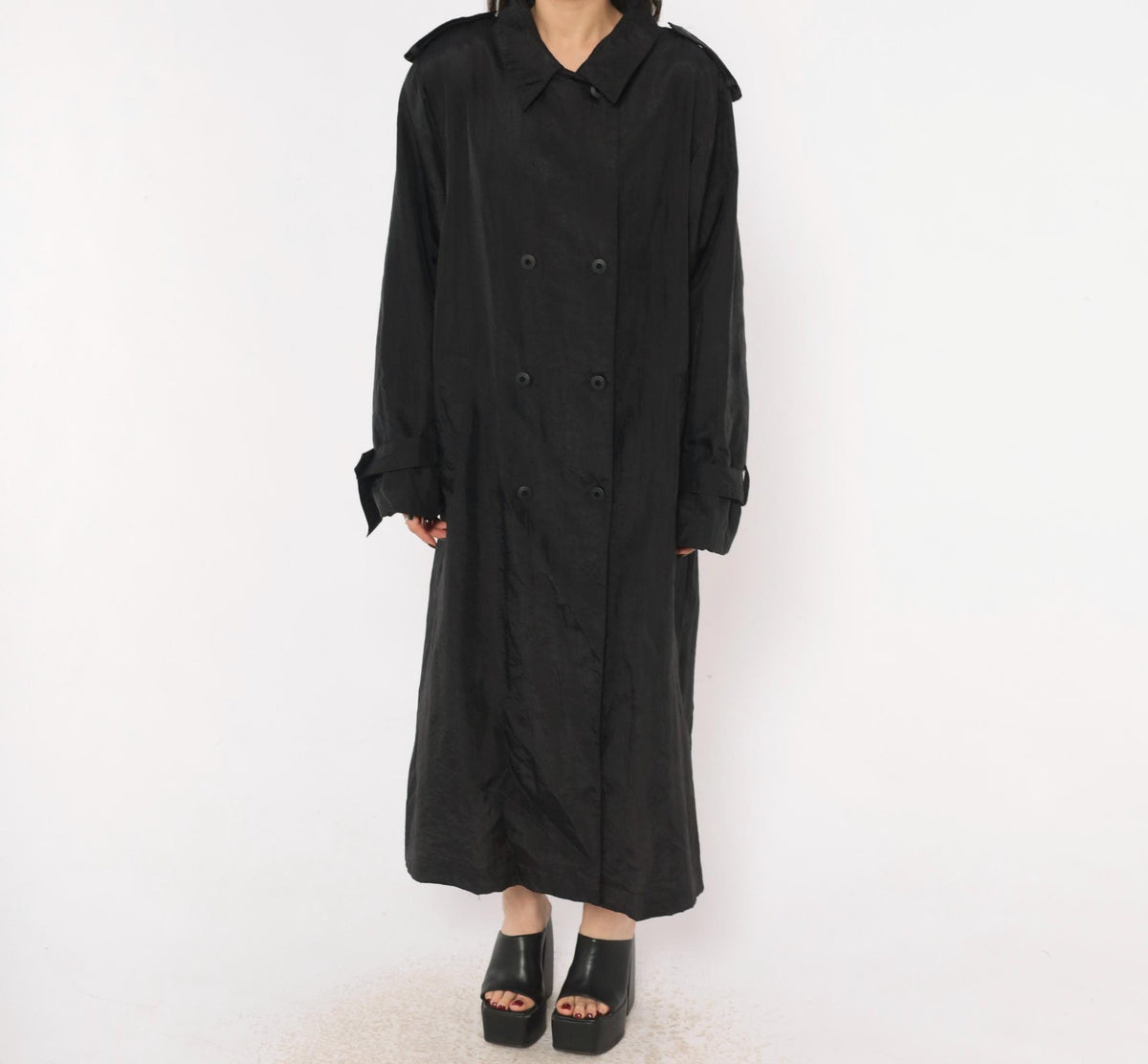 90s Jennifer Chase Black Trench Coat Double Breasted Collared Duster Extra Large XL