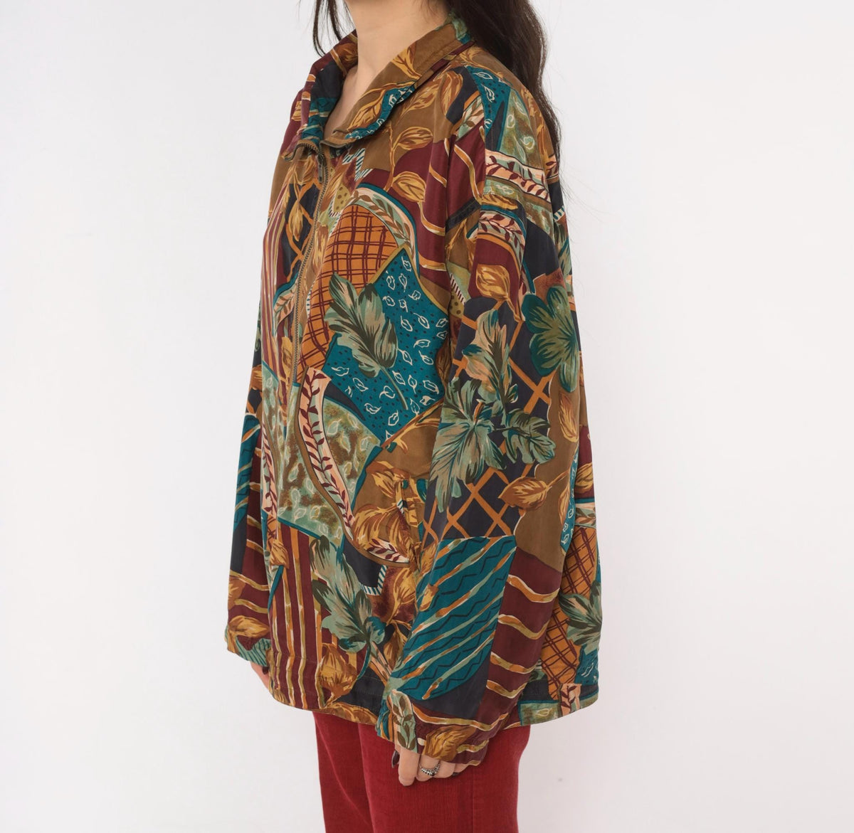 90s EVR Silk Bomber Jacket Tan Patchwork Leaf Print Unisex Large L