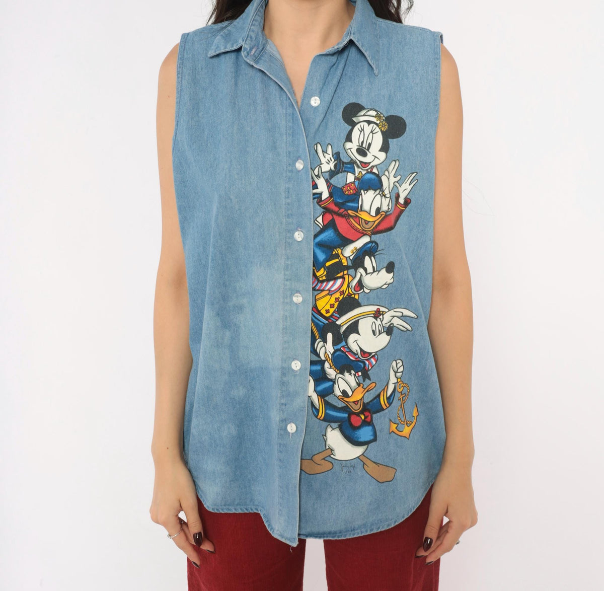 90s Mickey Unlimited Disney Denim Sleeveless Shirt Blue Chambray Medium M