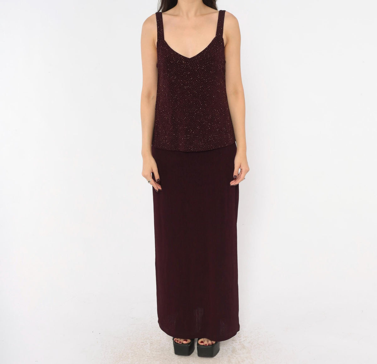 90s R&M Richards Burgundy Glitter Maxi Dress V-Neck Sleeveless Medium