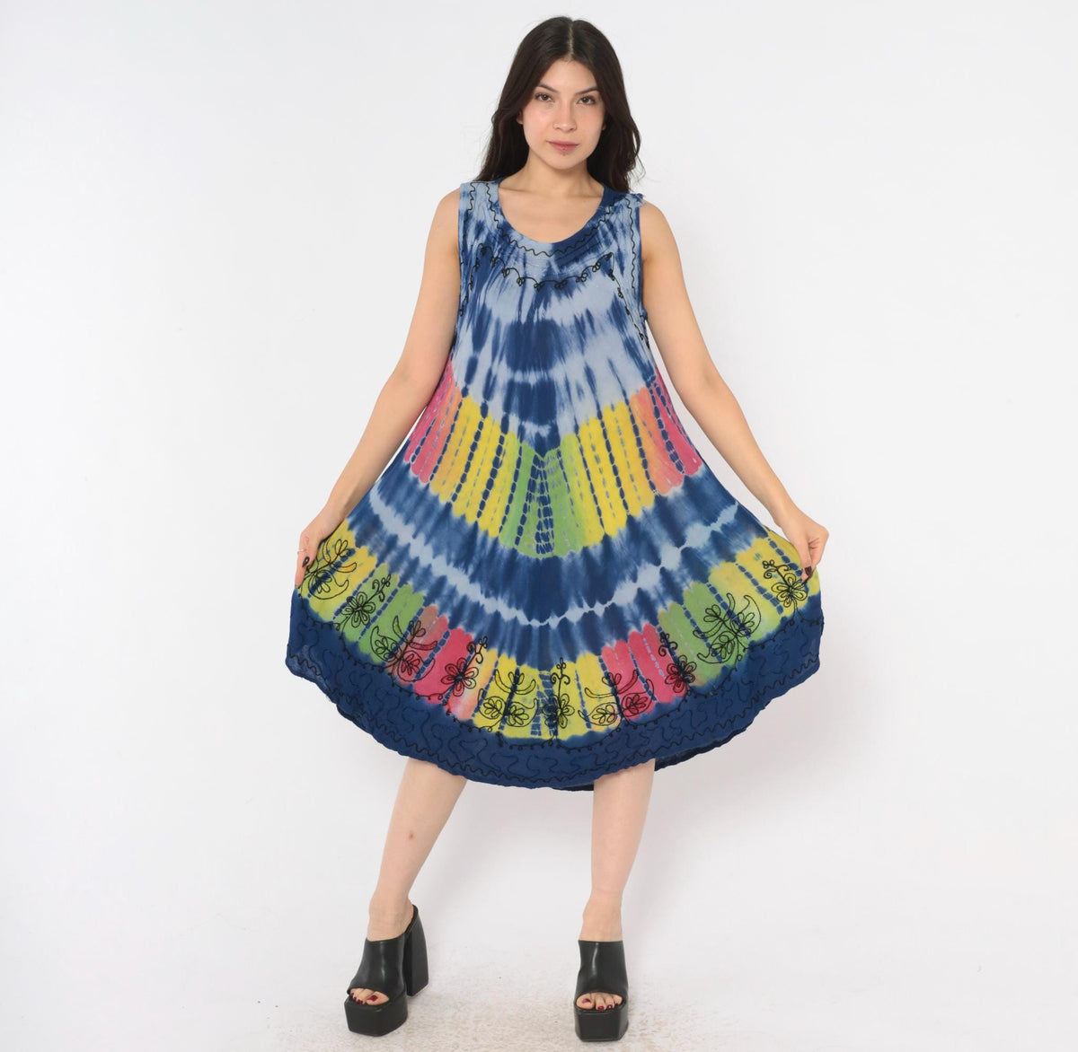 Y2K Tie Dye Sun Dress Blue Rayon Scoop Neck Trapeze Knee Length Small