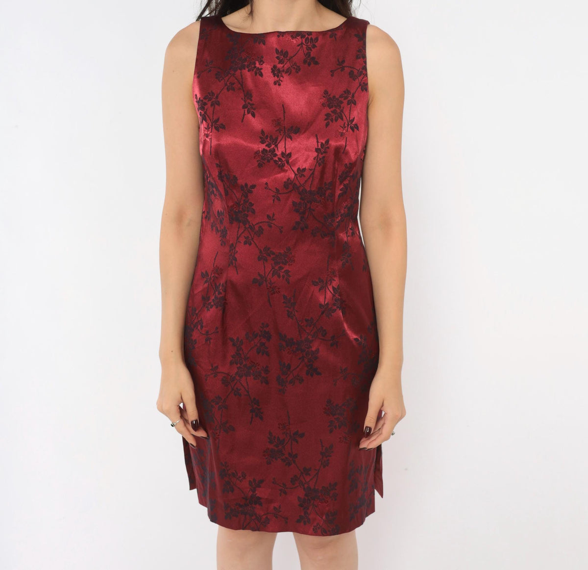 90s Esprit Wine Red Floral Jacquard Sheath Dress Sleeveless Small S