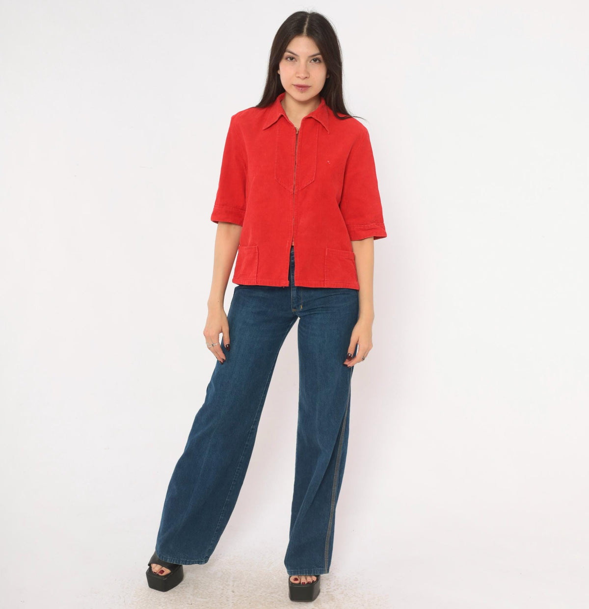 70s Red Corduroy Zip Shirt Pointed Collar Patch Pocket Cropped Blouse Small S