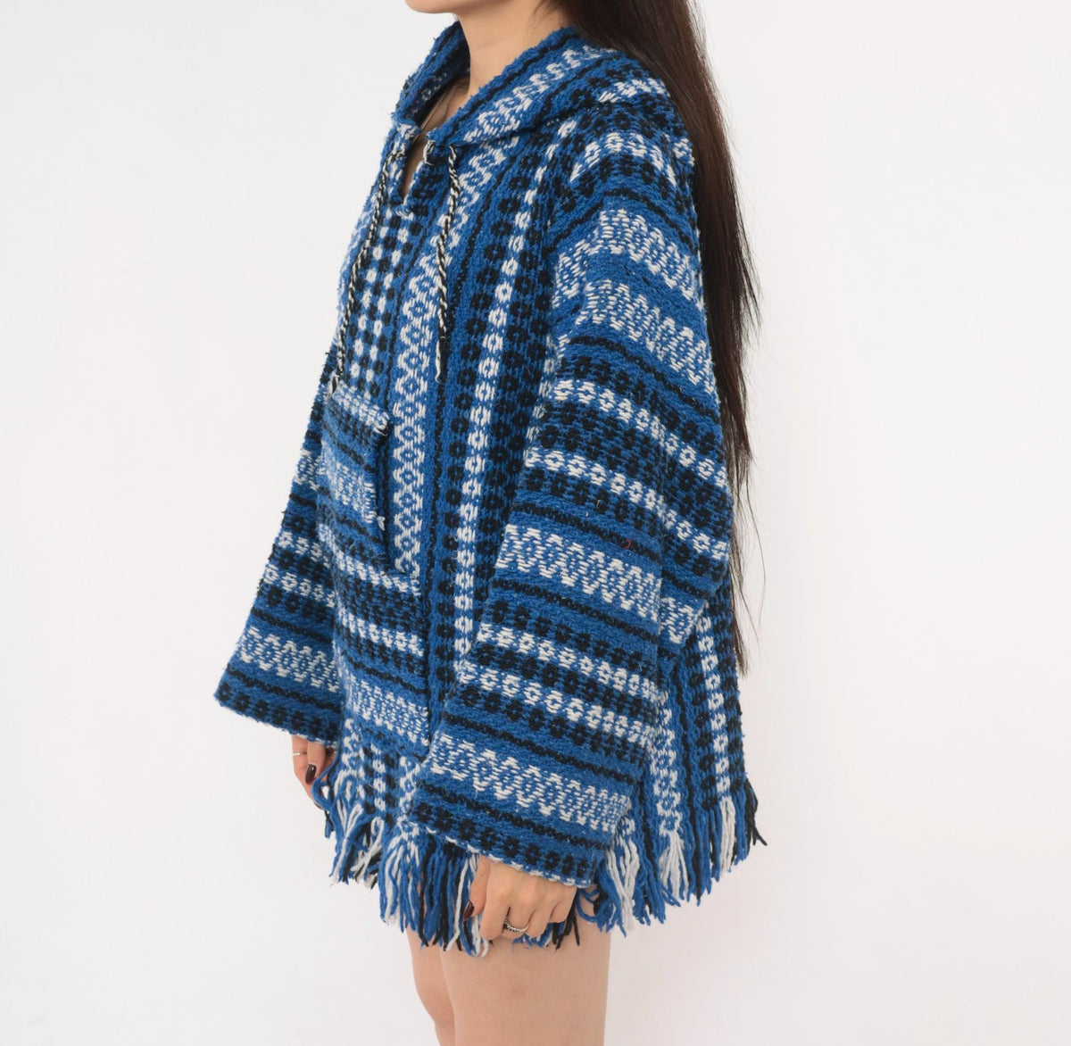 90s Cobalt Blue Baja Hoodie Woven Stripe Kangaroo Pocket Unisex Large