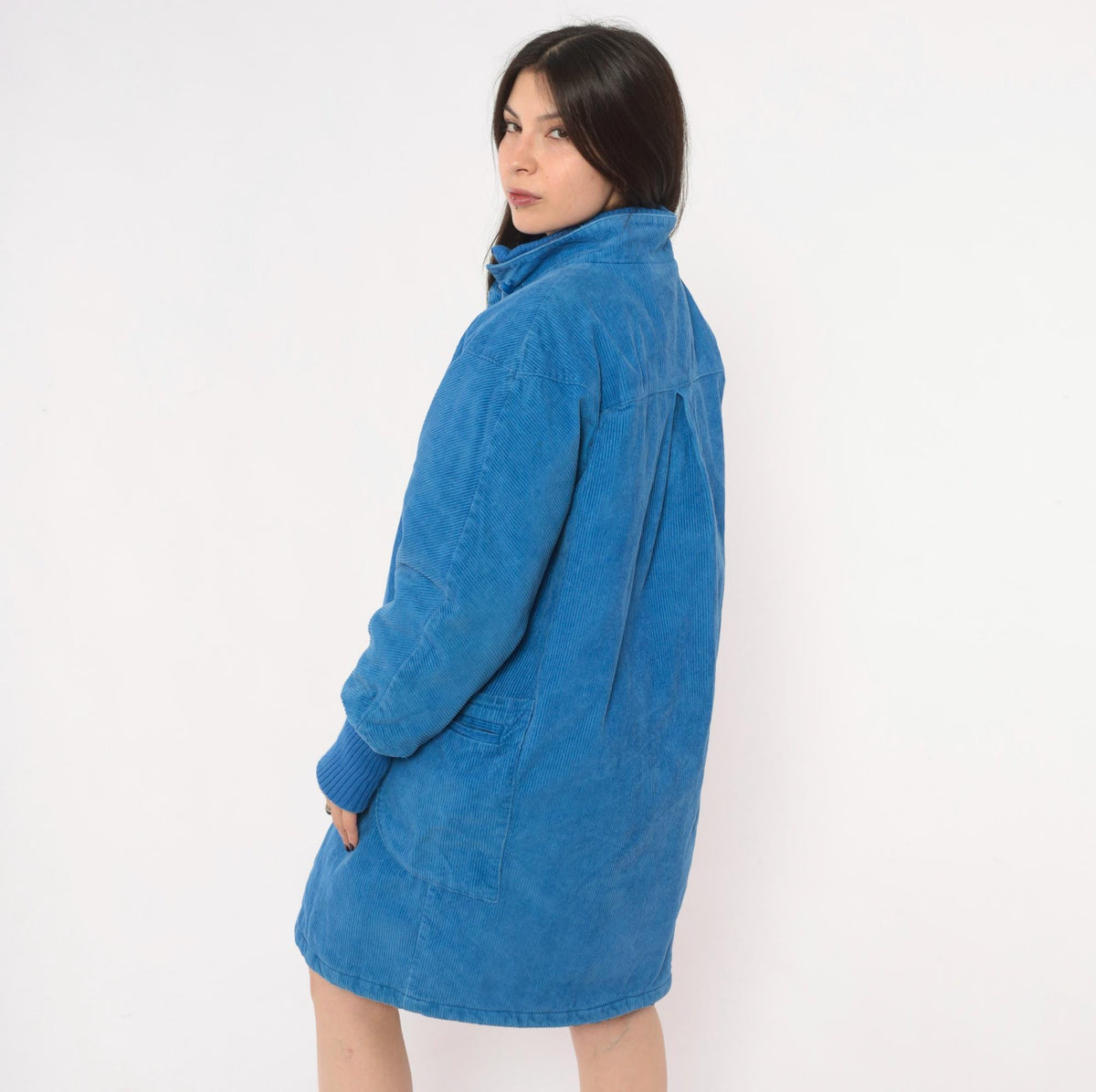 80s Windy Weather Corduroy Coat Blue Zip Front Stand Collar Large L
