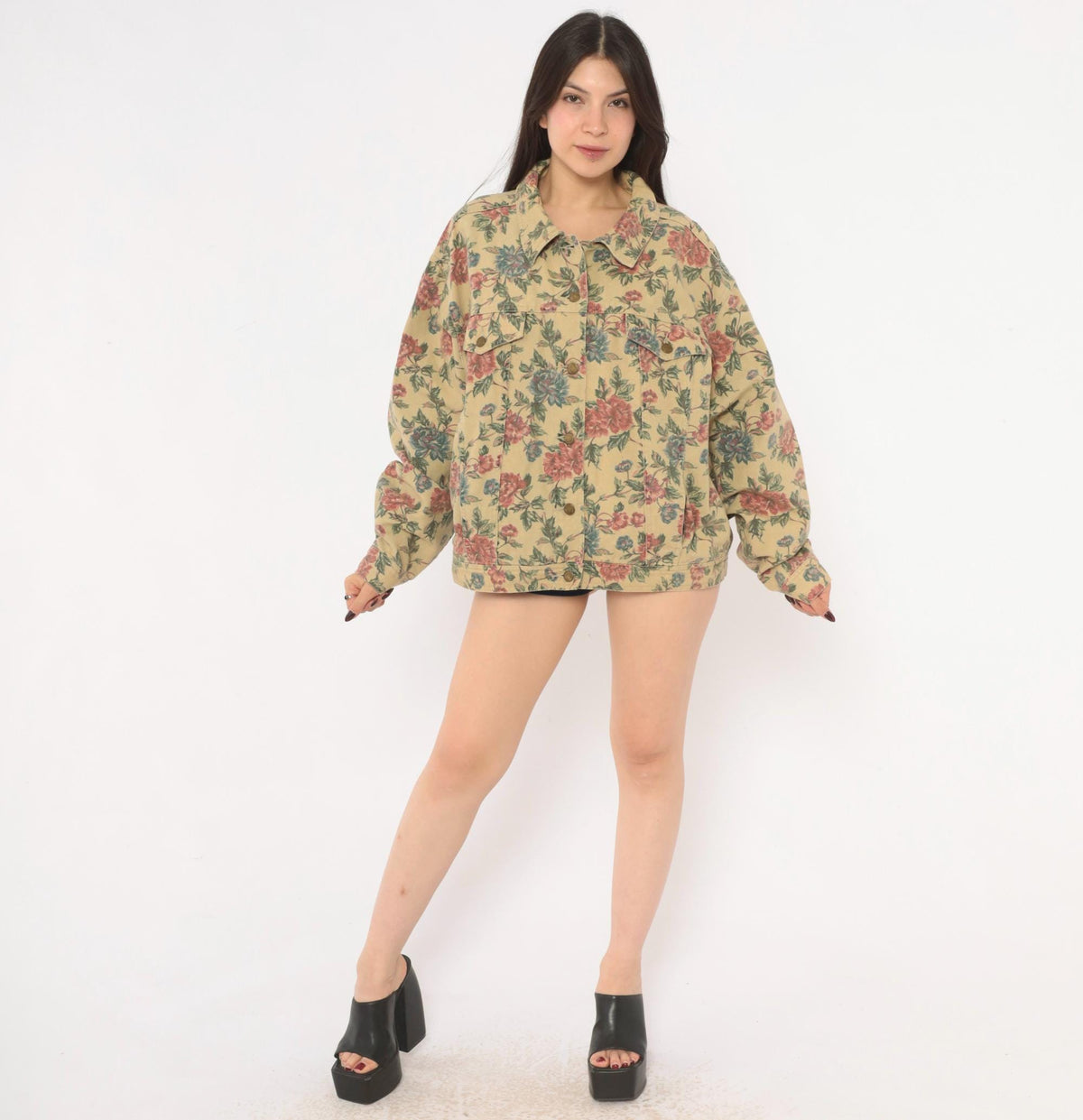 90s Woolrich Floral Denim Jacket Beige Cotton Canvas Pink Rose Print Extra Large XL
