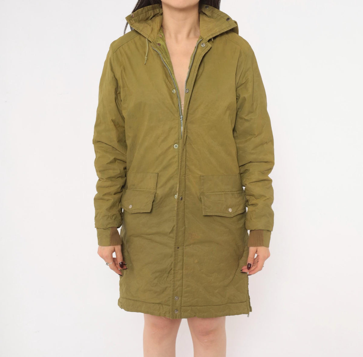 60s Olive Hooded Parka Jacket Nylon Military Field Coat Snap Zip Small