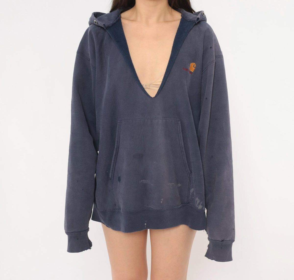 Y2K Carhartt Navy Hooded Sweatshirt Distressed Raglan Cotton Large