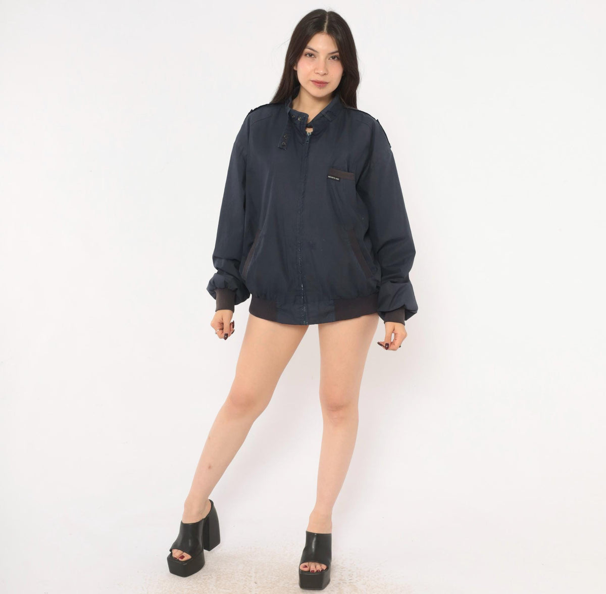 80s Members Only Bomber Jacket Navy Blue Zip Front Stand Collar Large L