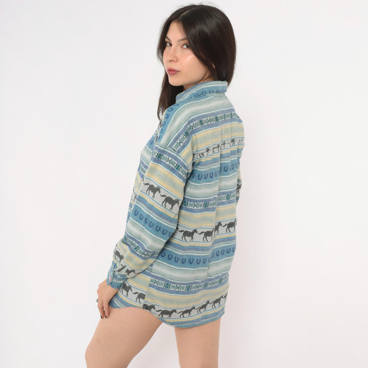 90s CM Company Horse Print Western Shirt Blue Cream Striped Cotton Small