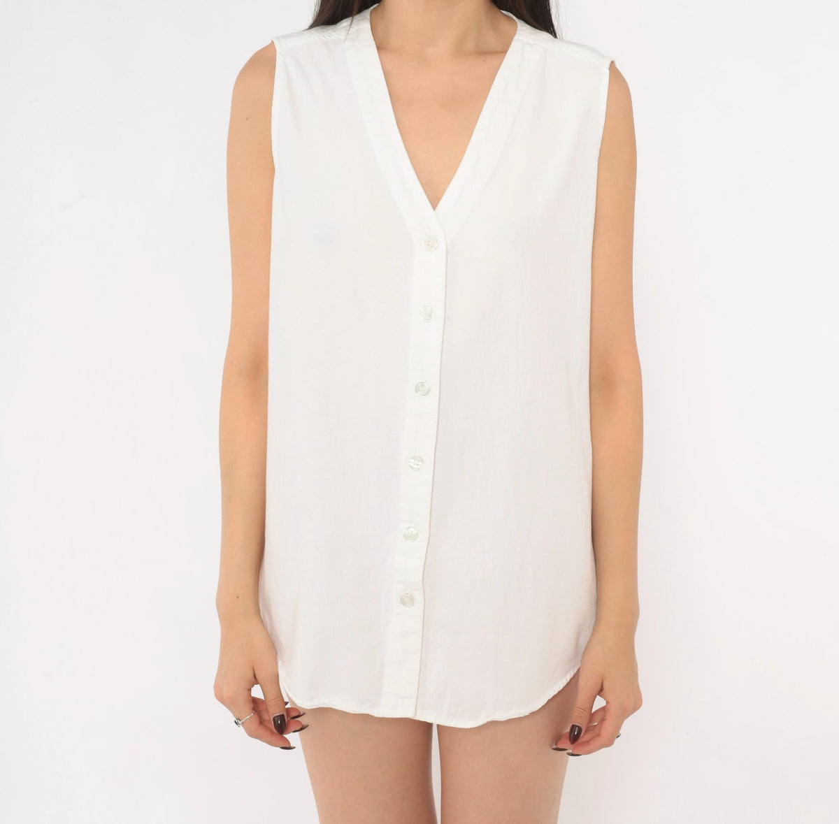 90s D.A.K. White Cotton Sleeveless Blouse V-Neck Button Front Medium