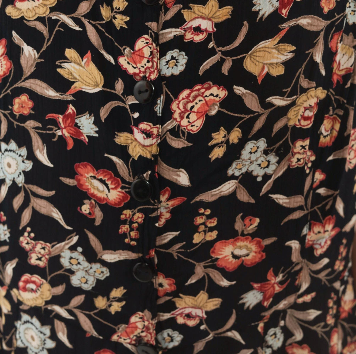 90s Contempo Casuals Black Floral Midi Dress Button Front V Neck Large L