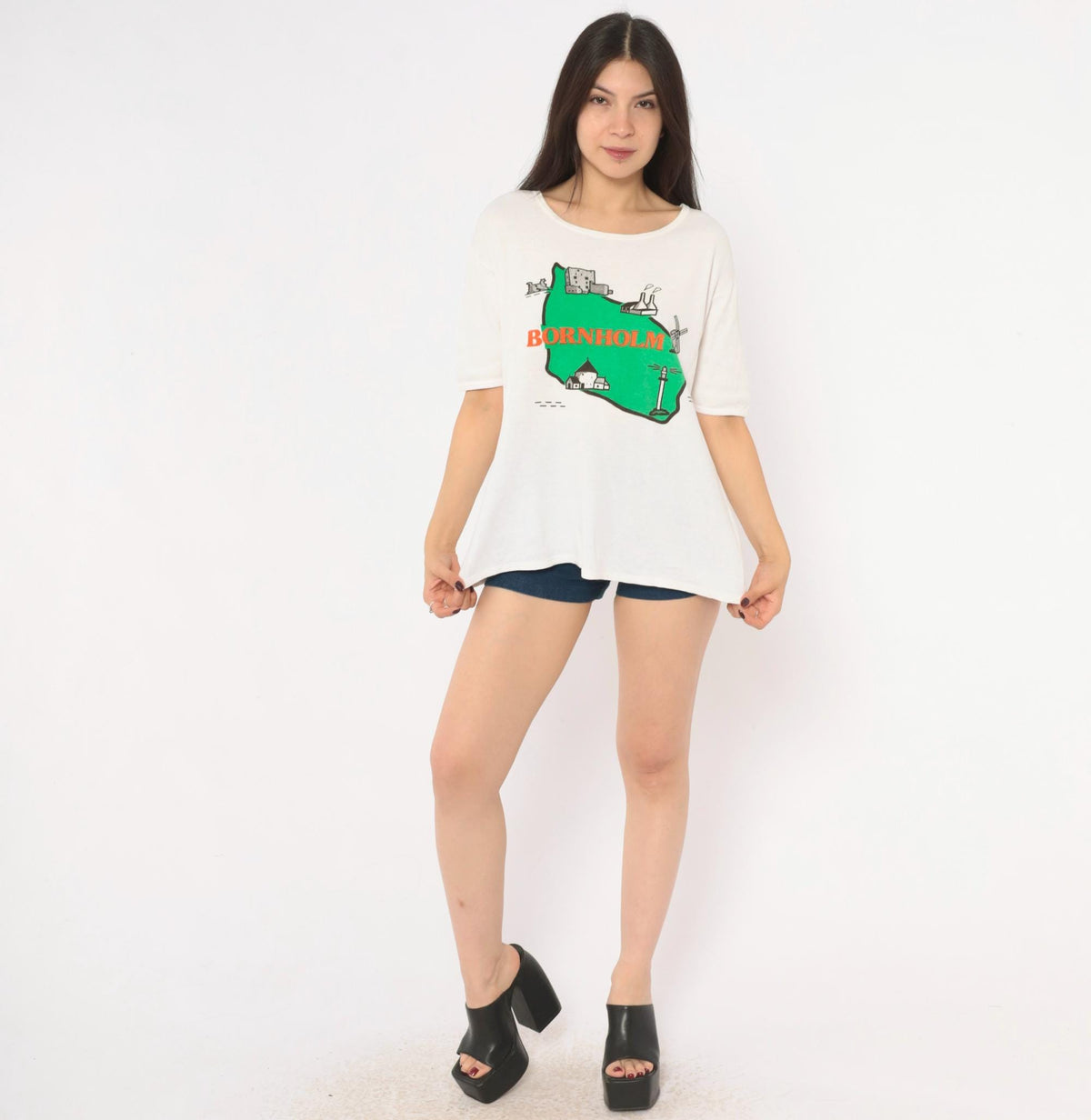 80s Bornholm Denmark Souvenir Tee White Cotton Map Graphic Large L