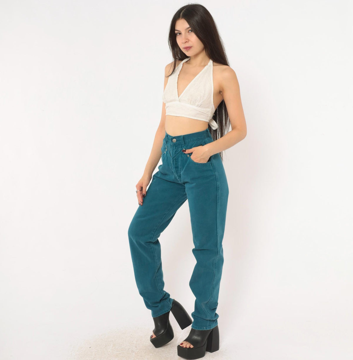 90s Rocky Mountain Teal Denim High Waist Mom Jeans Tapered Straight Leg Extra Small XS