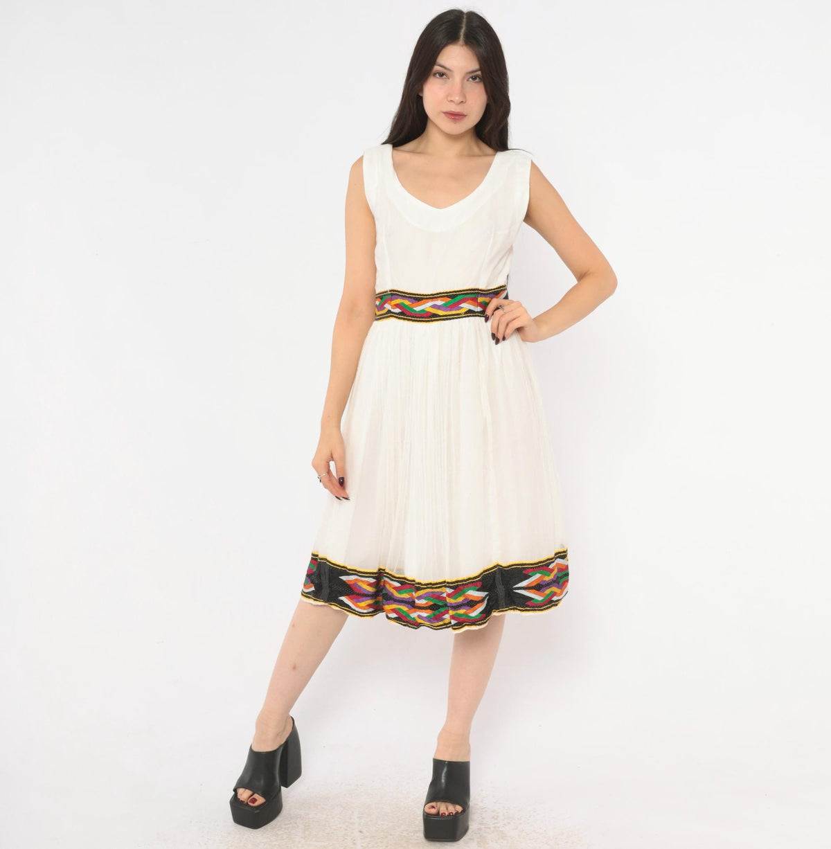 90s White Gauze Knee-Length Dress Ethiopian Habesha Embroidered Tibeb Multicolor Medium