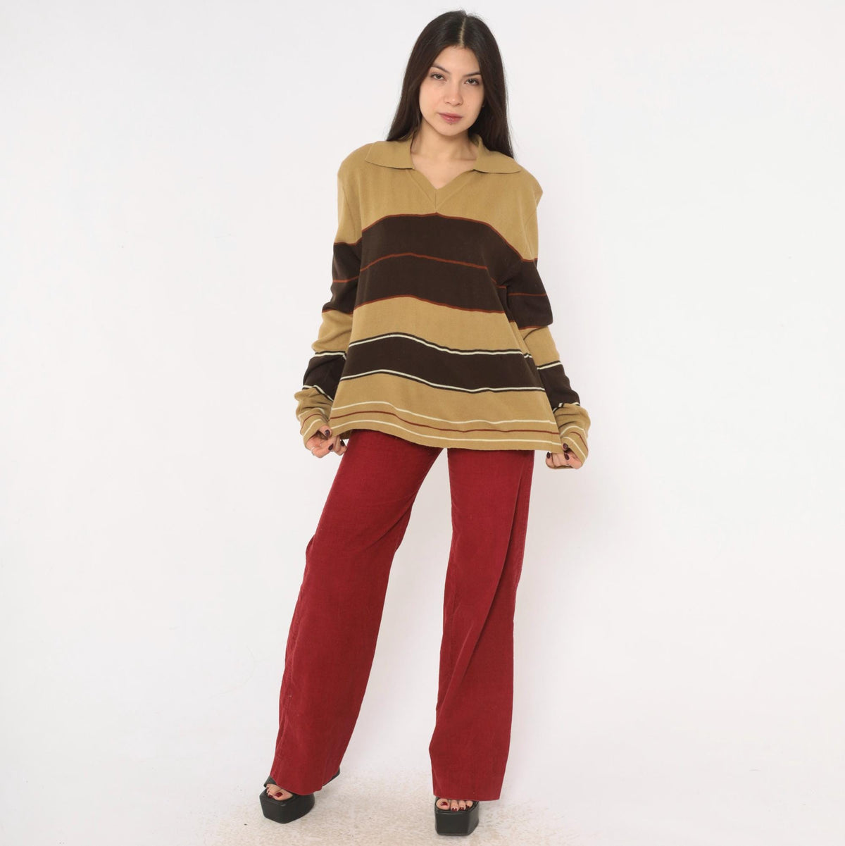 80s Alfie California Striped Polo Sweater Brown Tan Rust Medium