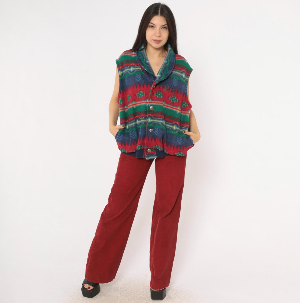 90s Emi Southwestern Fleece Vest Red Blue Geometric Shawl Collar Large L