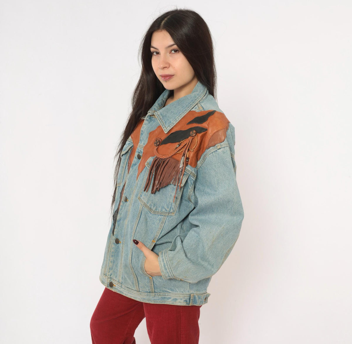 90s Petra C. Wall Denim Jacket Western Leather Cowboy Horse Patchwork Light Blue Medium M