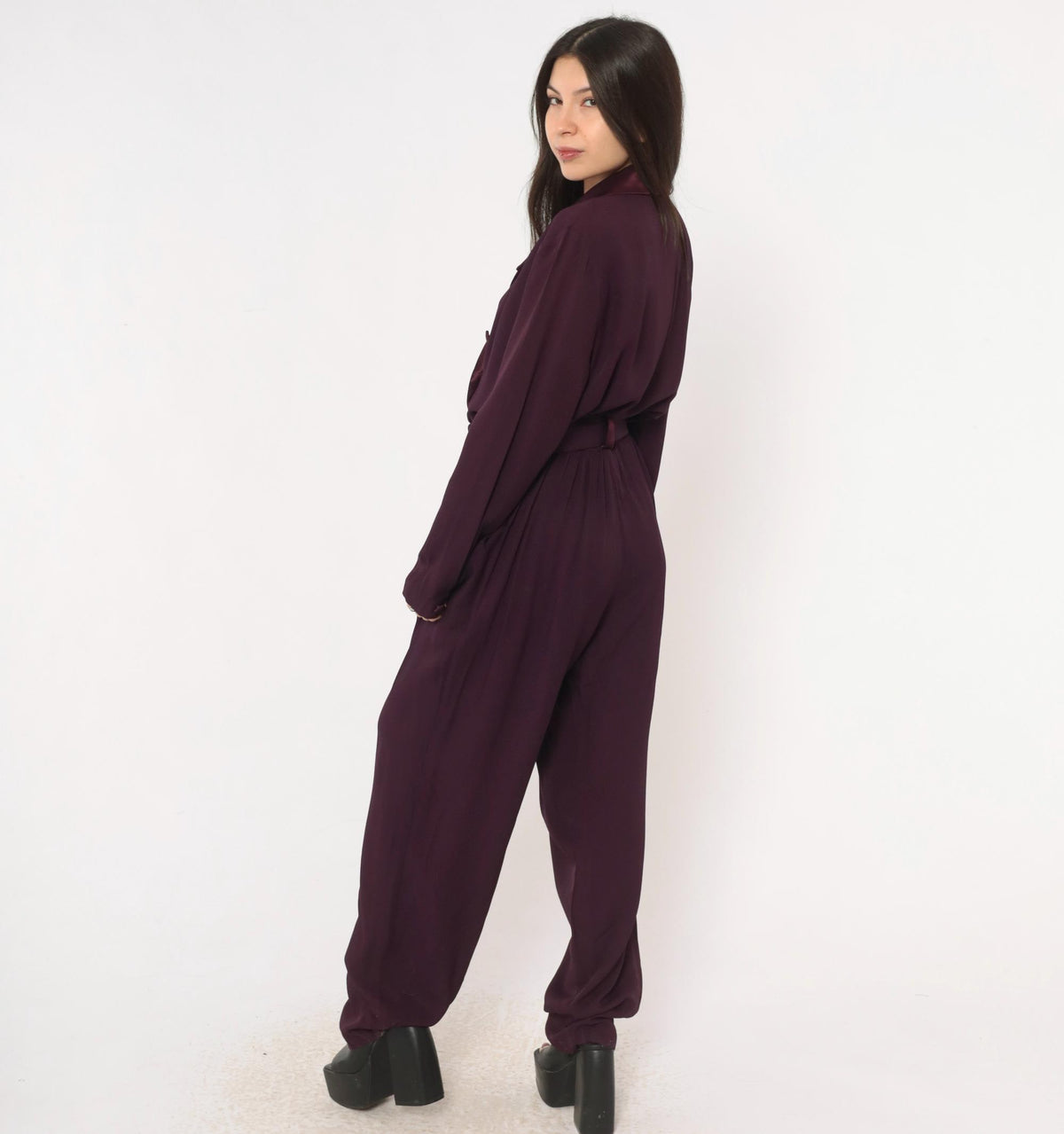 80s Studio I Plum Jumpsuit Double Breasted Satin Collar Belted Small
