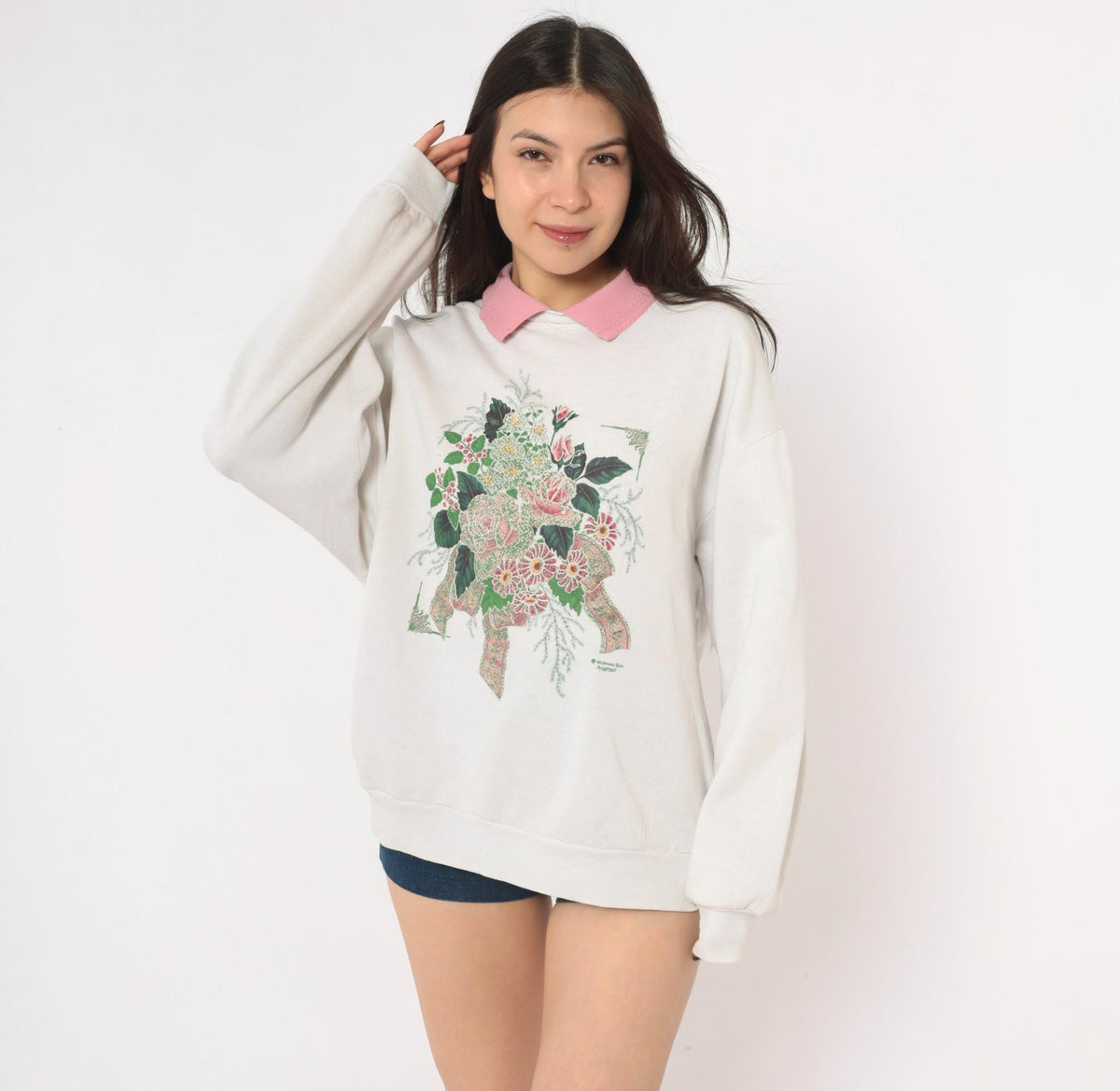 90s Morning Sun Floral Sweatshirt Pink Roses Off White Raglan Large L