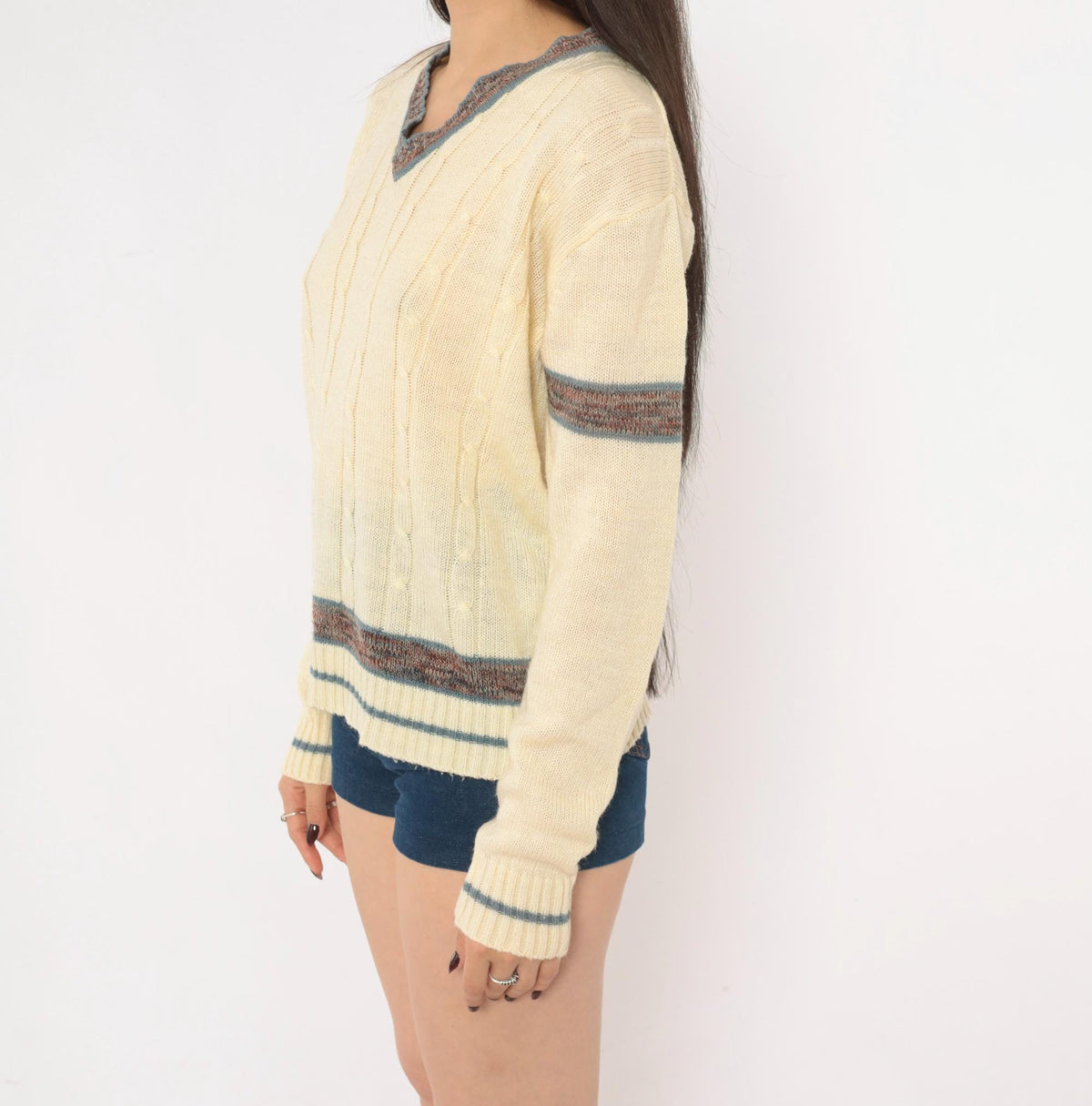 70s Kennington Cable Knit Sweater Cream V Neck Stripe Pullover Small