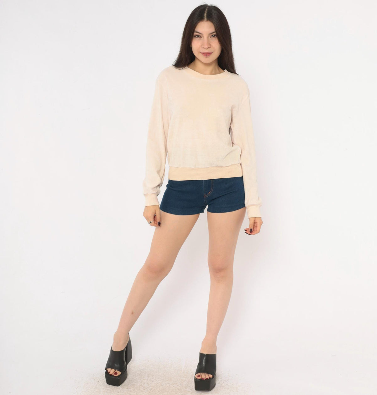 80s St Martine Velour Sweatshirt Cream Blush Pink Ribbed Crew Pullover Medium