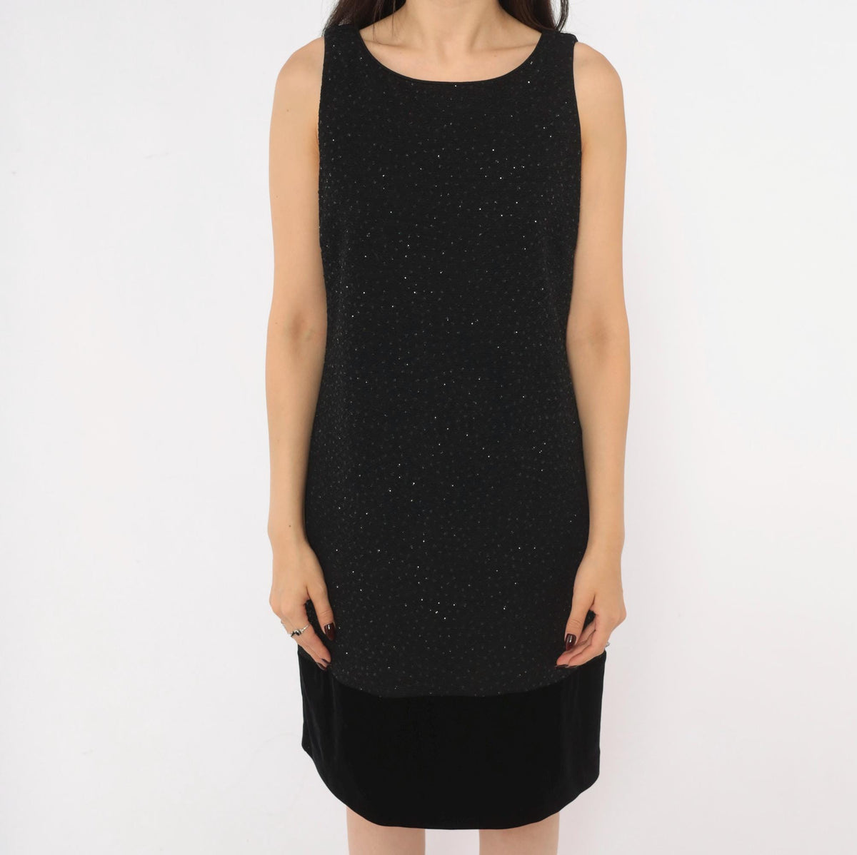 90s Jessica Howard Black Glitter Dress Velvet Trim V Back Knee Length Medium M