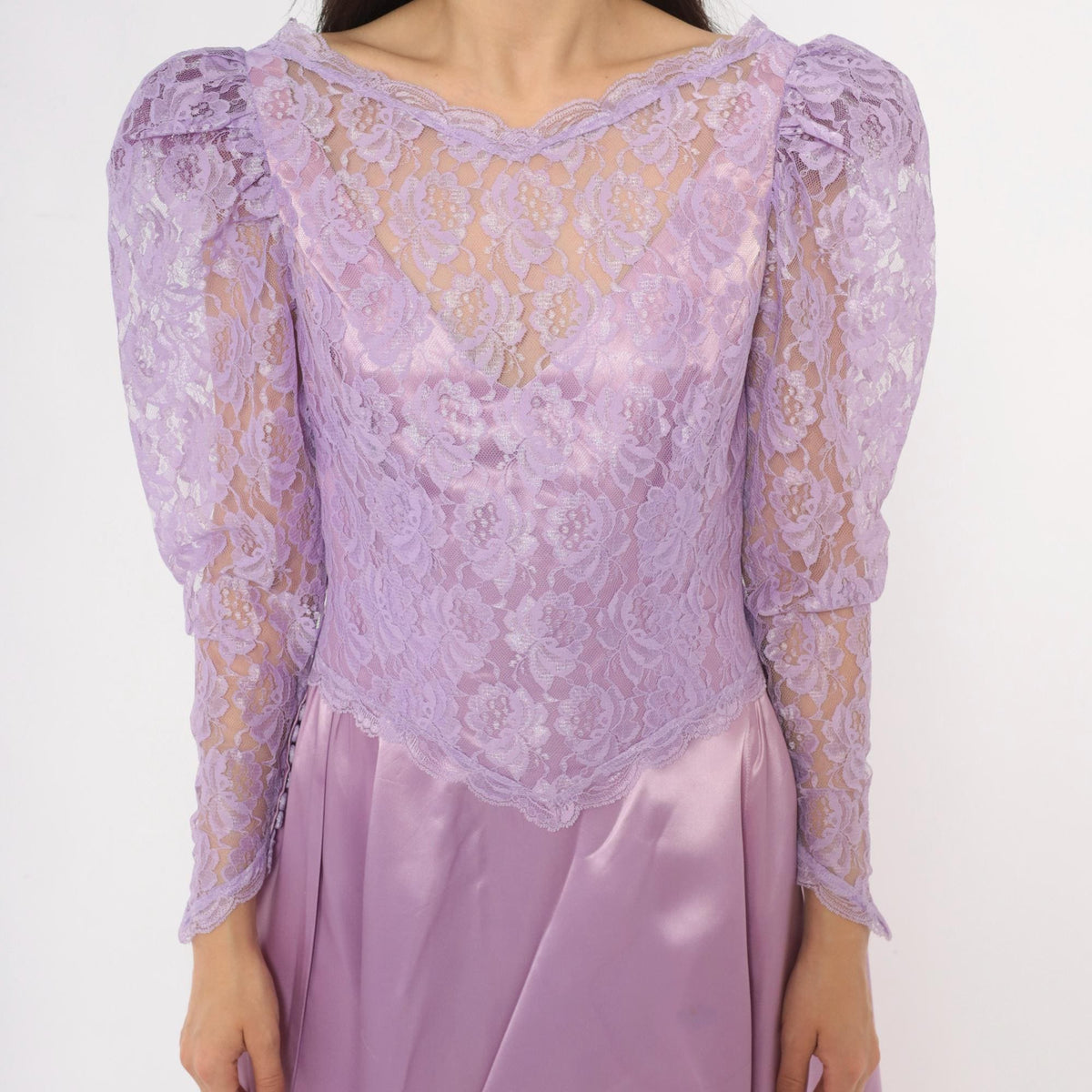80s Lavender Lace Midi Dress Puff Sleeve Satin Purple V Neck Small