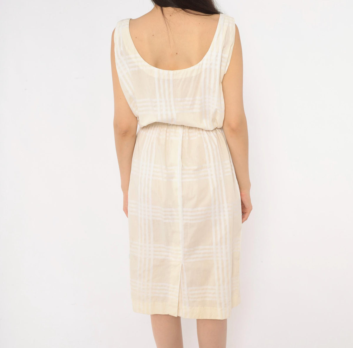 80s Cream Plaid Sleeveless Sundress Scoop Neck Blouson Waist Medium M
