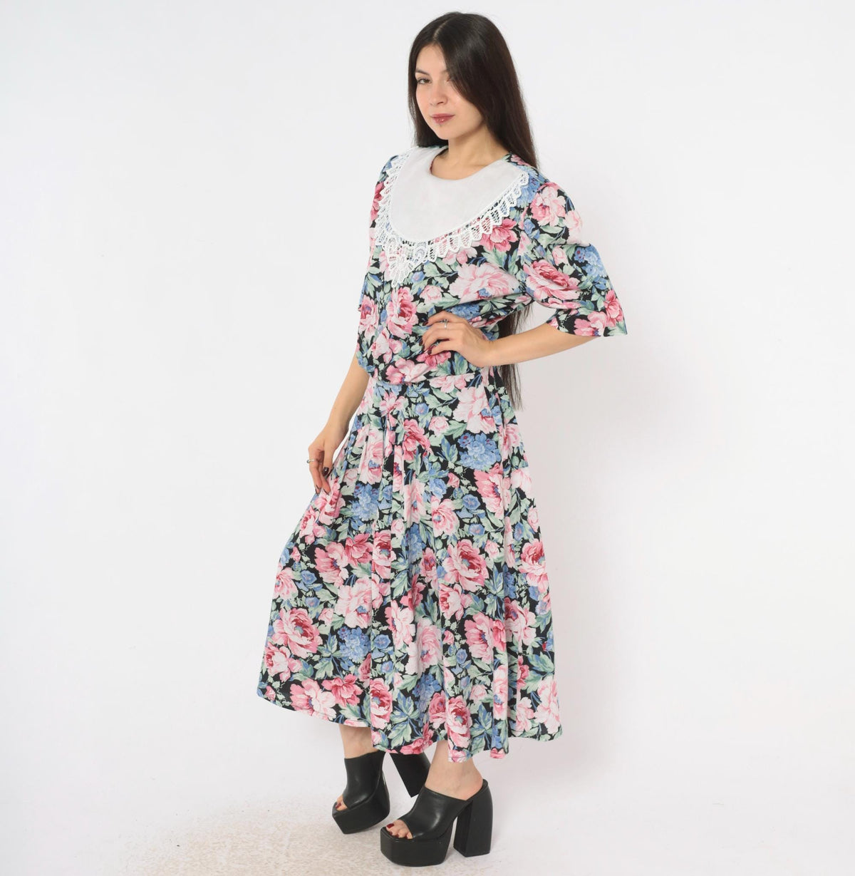 80s Floral Midi Dress Black Pink Rose Lace Collar Puff Sleeve Drop Waist Large L
