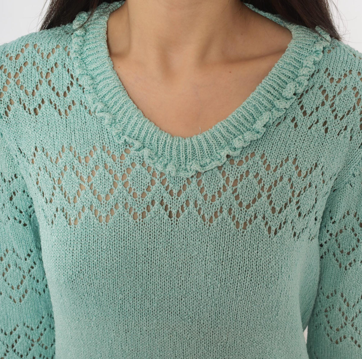70s Seafoam Pointelle Knit Dress Cotton V-Neck Scalloped Long Sleeve Medium