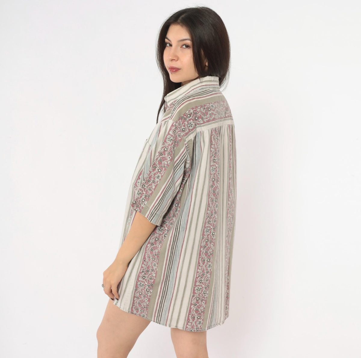 90s Key Elements Striped Floral Cotton Shirt Cream Rust Extra Large XXL