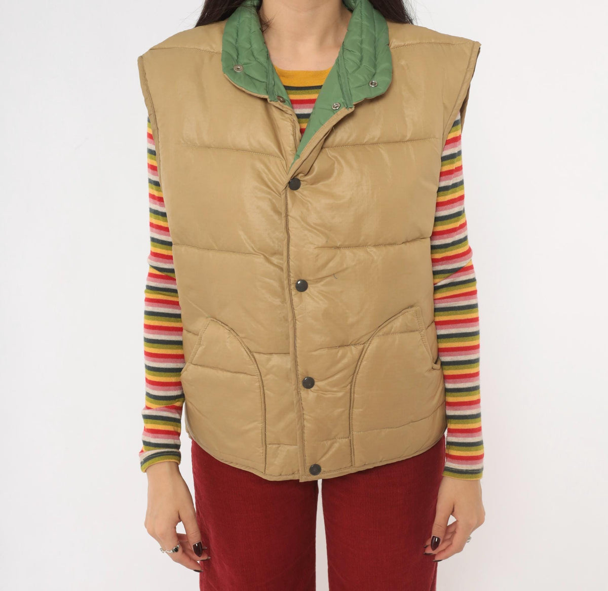 80s Aramis Devin Puffer Vest Tan Reversible Green Quilted Snap Medium
